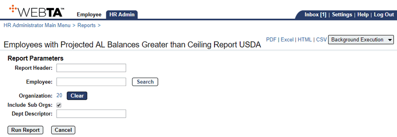 Employees with Projected AL Balances Greater than Ceiling Report Parameters Page