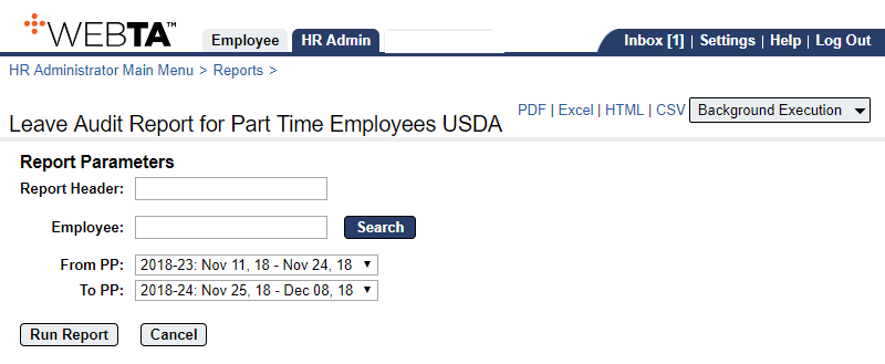 Leave Audit Report for Part Time Employees Report Parameters Page