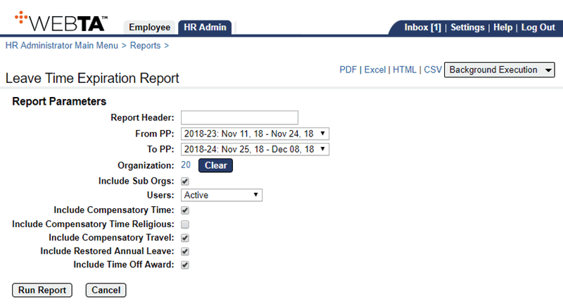 Leave Time Expiration Report Parameters Page