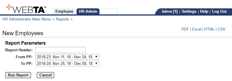 New Employees Report Parameters Page