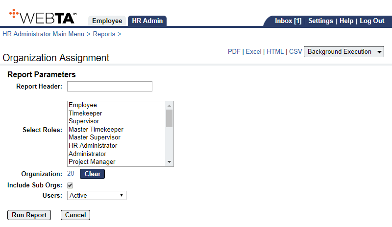 Organization Assignment Report Parameters Page