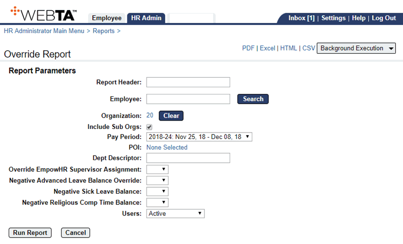 Override Report Parameters Page