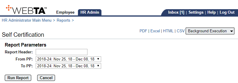 Self Certification Report Parametes Page