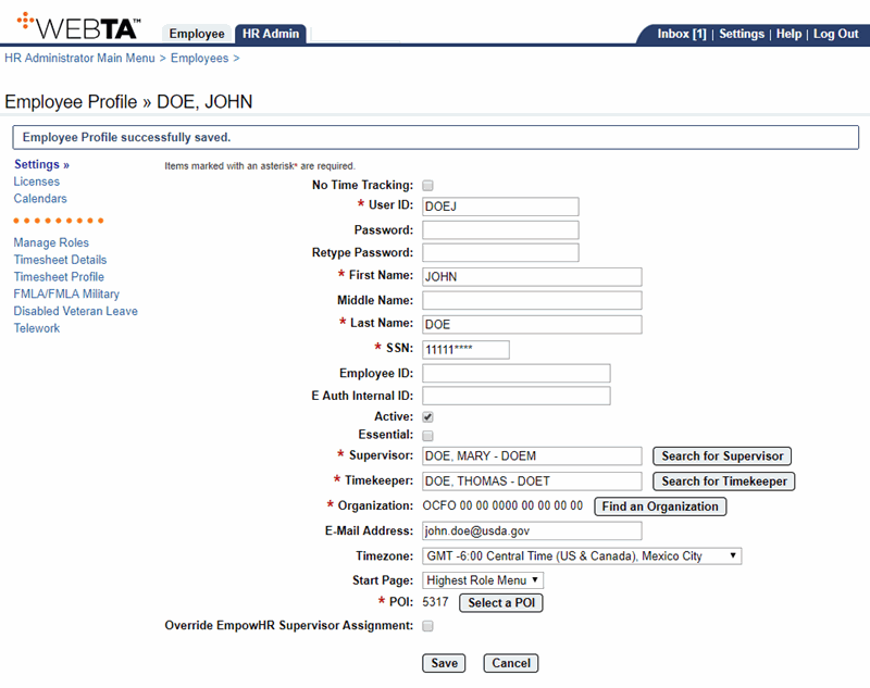 Employee Profile Page - New User Added