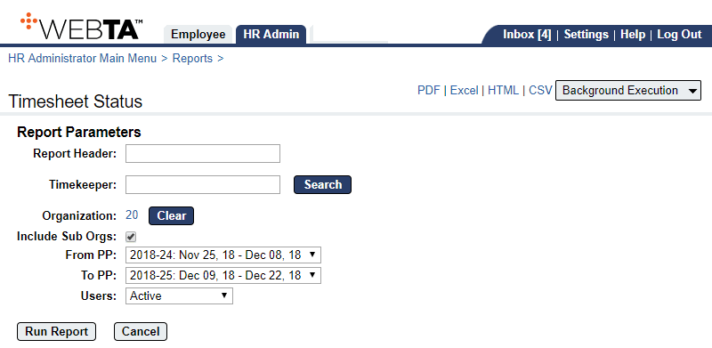 Timesheet Status Reprt Parameters Page