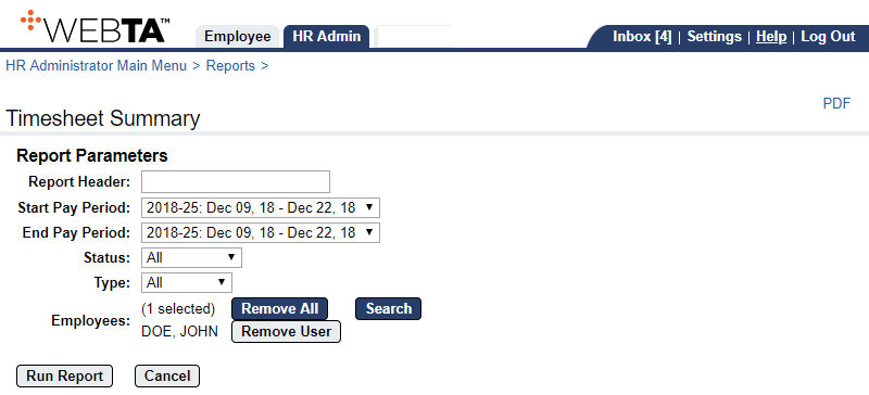 Timesheet Summary Report Parameters Page