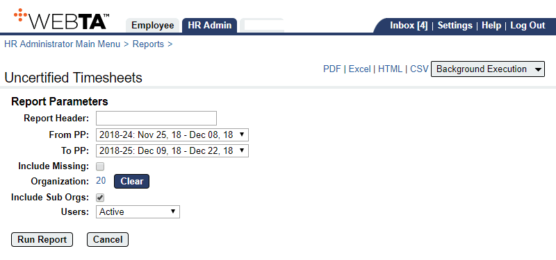 Uncertified Timesheets Report Parameters Page