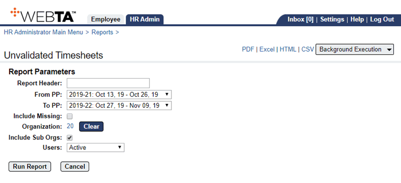 Unvalidated Timesheets Report Parameters Page