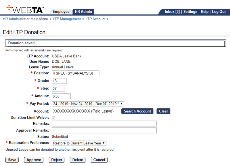 Edit LTP Account Page - Adding Donations to a Leave Bank