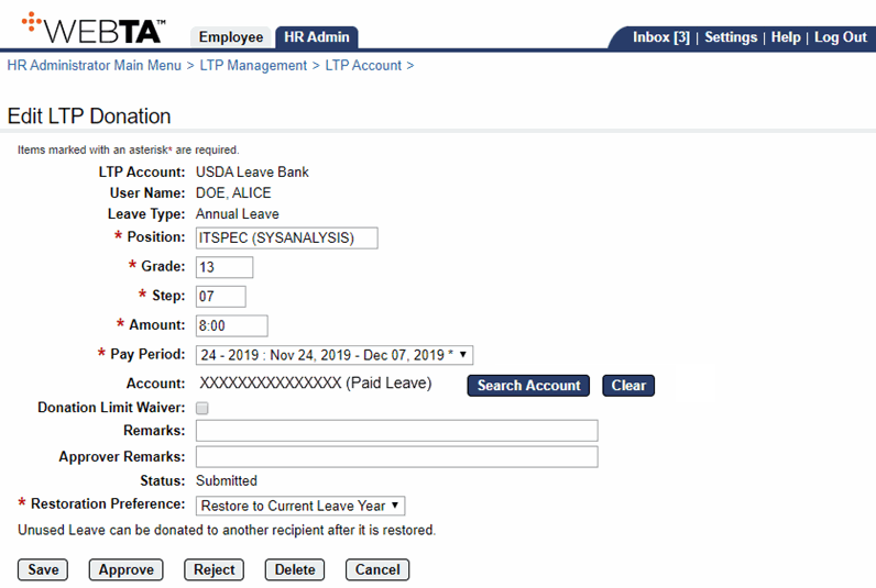 Edit LTP Donation Page - Approving Leave Bank Donations