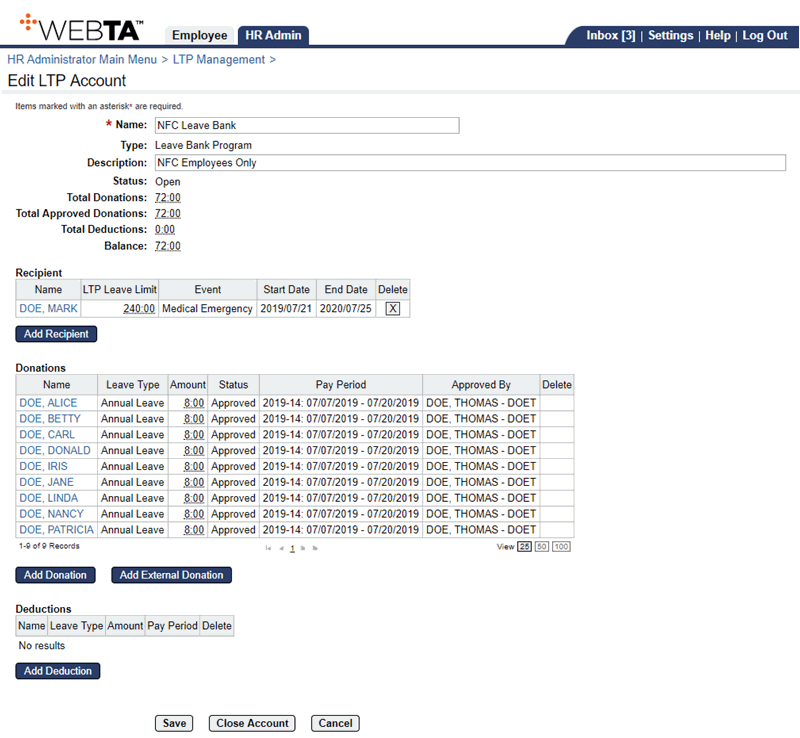 Edit LTP Account Page - Adding Recipient to Leave Bank