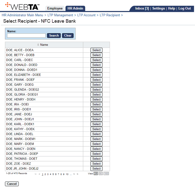 Select Recipient Page - Leave Bank