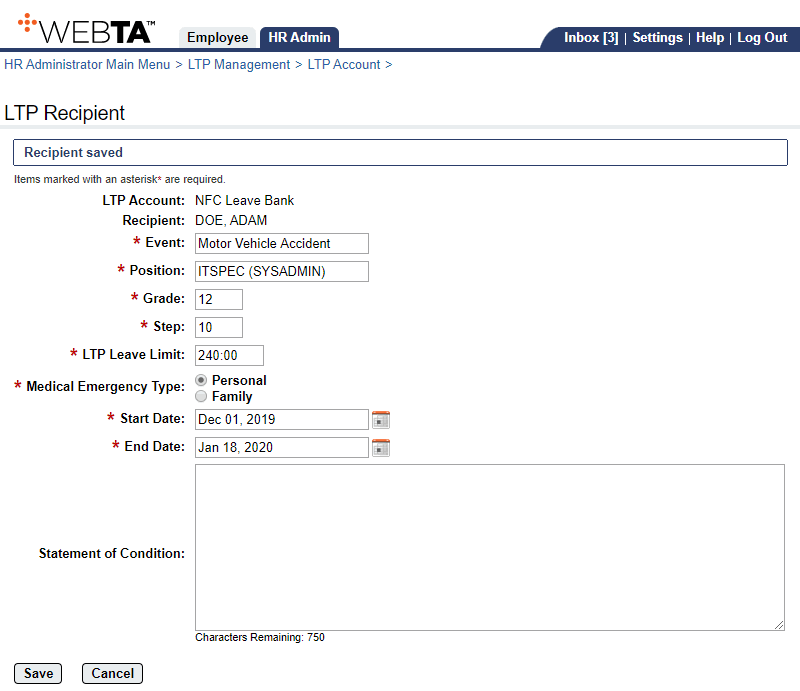 LTP Recipient Page - Recipient Added