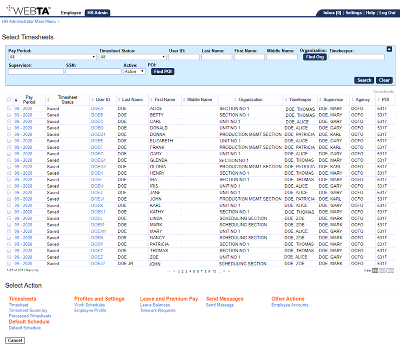 Select Timesheets Page