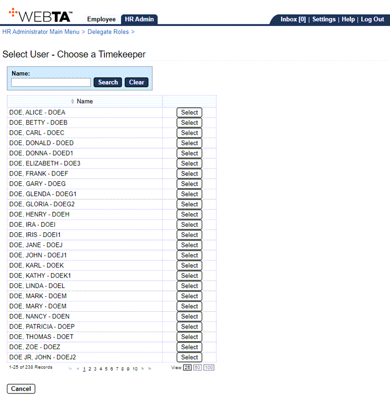 Select User - Choose a Timekeeper Page