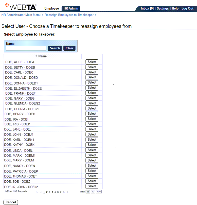 Select User - Choose a Timekeeper to Reassign Employee From Page