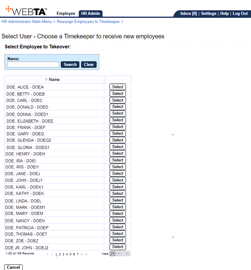 Select User - Choose a Timekeeper to Receive New Employees Page