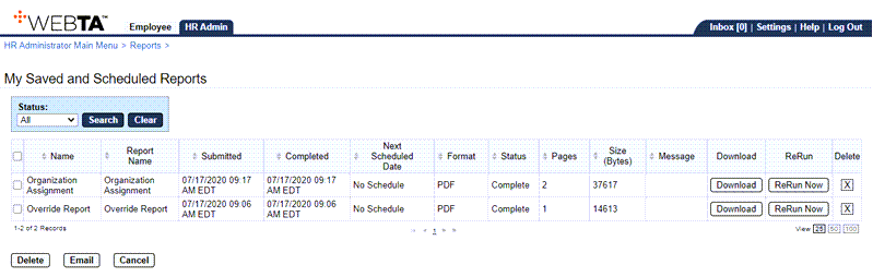 My Saved and Scheduled Reports Page